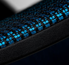 Close up of blue and black mesh fabric pattern