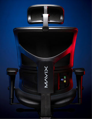 Dark mood lighting shot of ELEMAX on a Mavix chair